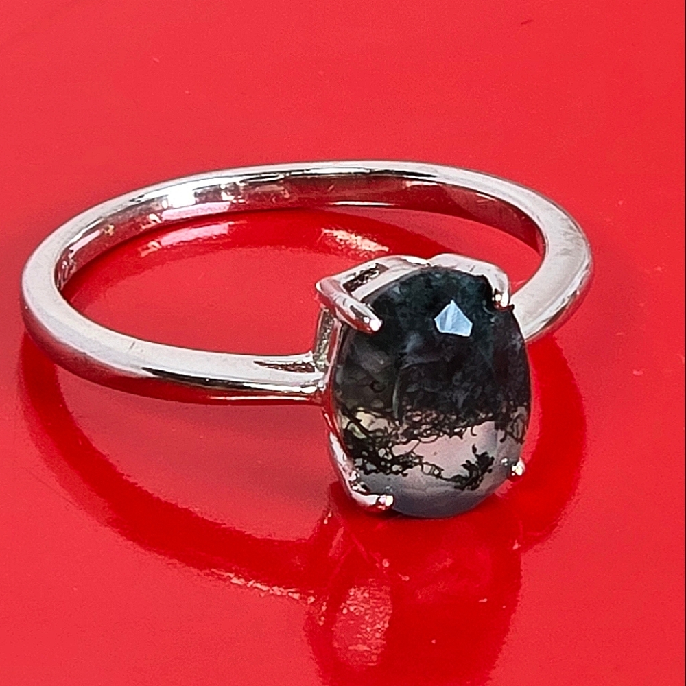 925 Sterling Silver Ring with Natural Moss Agate Gemstone